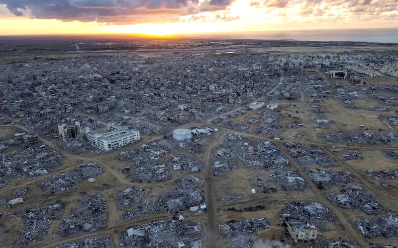 An aerial photograph taken by a drone shows the destruction caused by the Israeli air and ground offensive in Rafah, Gaza Strip (Jehad Alshrafi/AP)