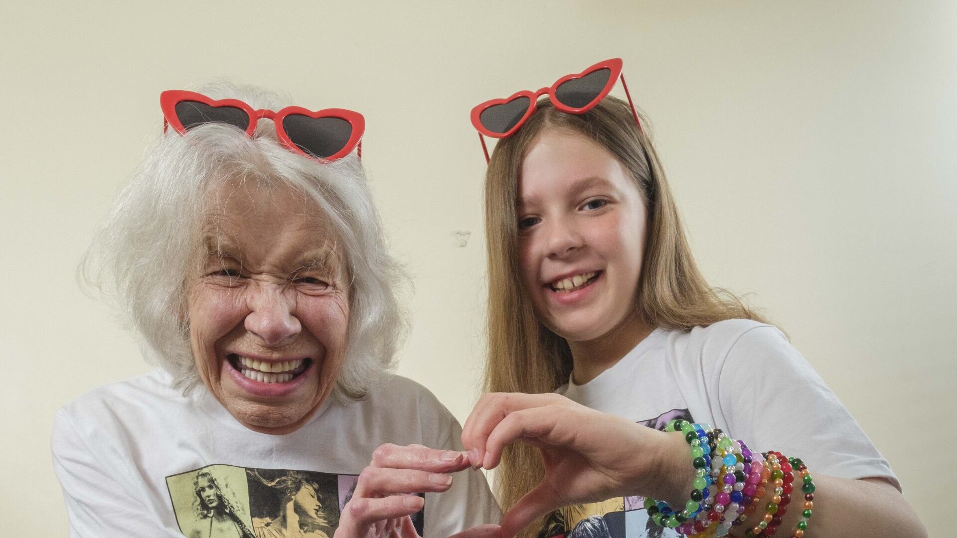 Devon, 11, and her great-grandmother Margaret, 92, with their friendship bracelets