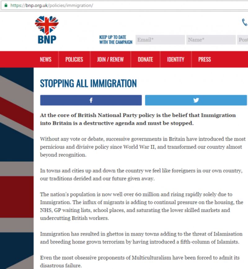 Screenshot of the BNP website and their policy of 'stopping all immigration'