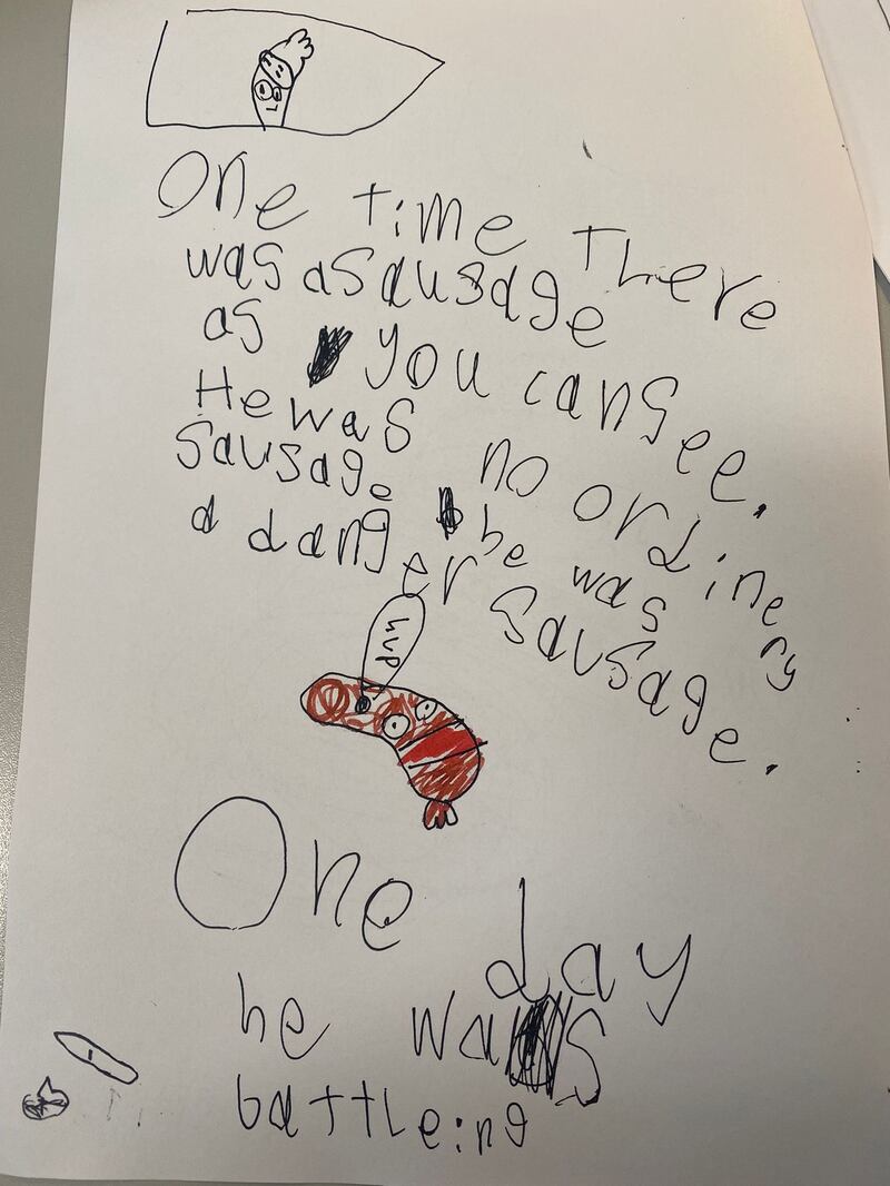 The opening page of viral comic series Danger Sausage written by six-year-old Red Smith (Amelia Smith)