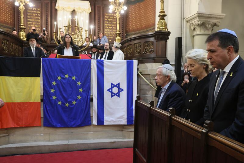 European Commission President Ursula von der Leyen, centre right, attended a commemoration ceremony at the Great Synagogue in Brussels on Monday (Francois Walschaerts/AP)