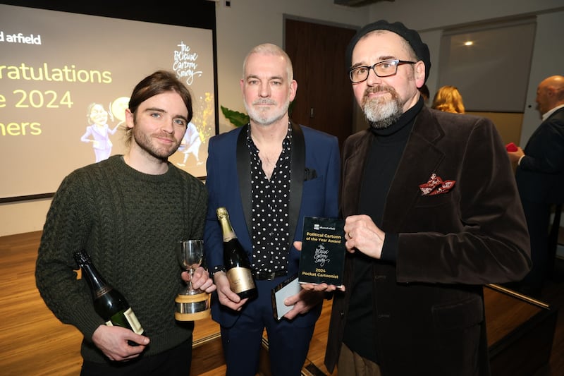 Fergus Boylan with fellow winners Dave Brown (centre) of The Independent, and Banx (right), whose cartoons are featured in The Financial Times.