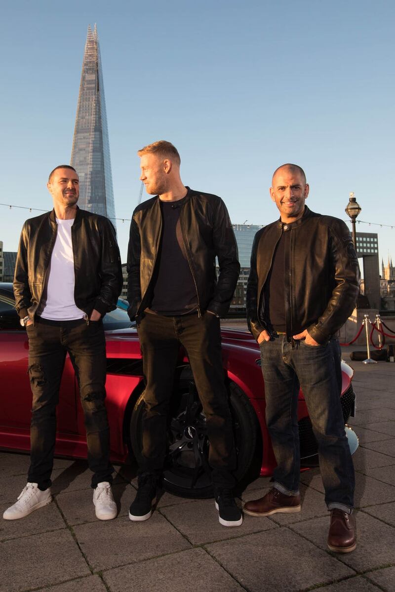 Paddy McGuinness, Andrew Flintoff and Chris Harris with an Aston Martin at Billingsgate Market for Top Gear