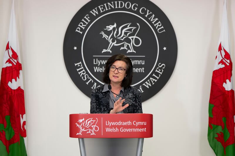 Eluned Morgan speaking at a Welsh government press conference