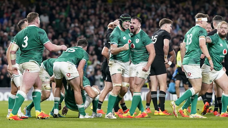 Caelan Doris celebrates scoring Ireland’s third try during victory over New Zealand in 2021