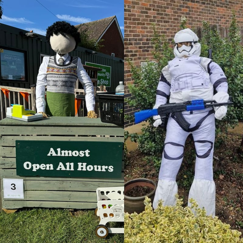 (from left to right) ‘Almost Open All Hours’ scarecrow and ‘Strawn Trooper’ scarecrow