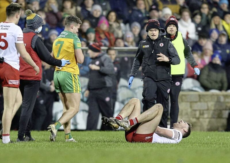 Tyrone's Padraig McNulty suffered a fractured upper arm in a challenge with Odhran McFadden-Ferry Picture Margaret McLaughlin