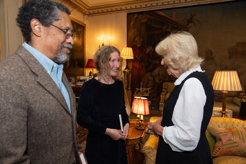 Queen Camilla with Samantha Harvey during a reception for the Booker Prize Foundation at Clarence House, London