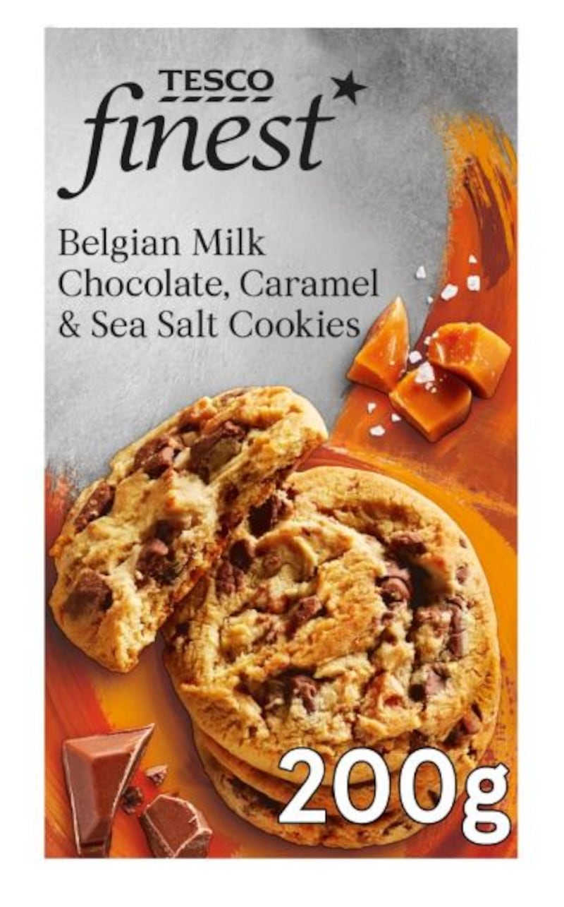 A box of Tesco Belgian Milk Chocolate, Caramel and Sea Salt Cookies