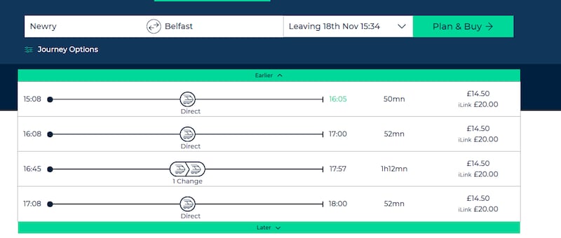 Train prices from Newry to Belfast on Monday 18 November