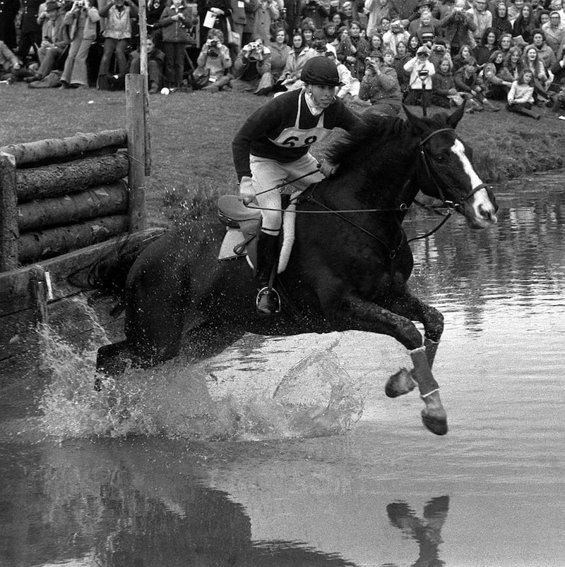The princess taking the water-jump at the Badminton Horse Trials in 1973