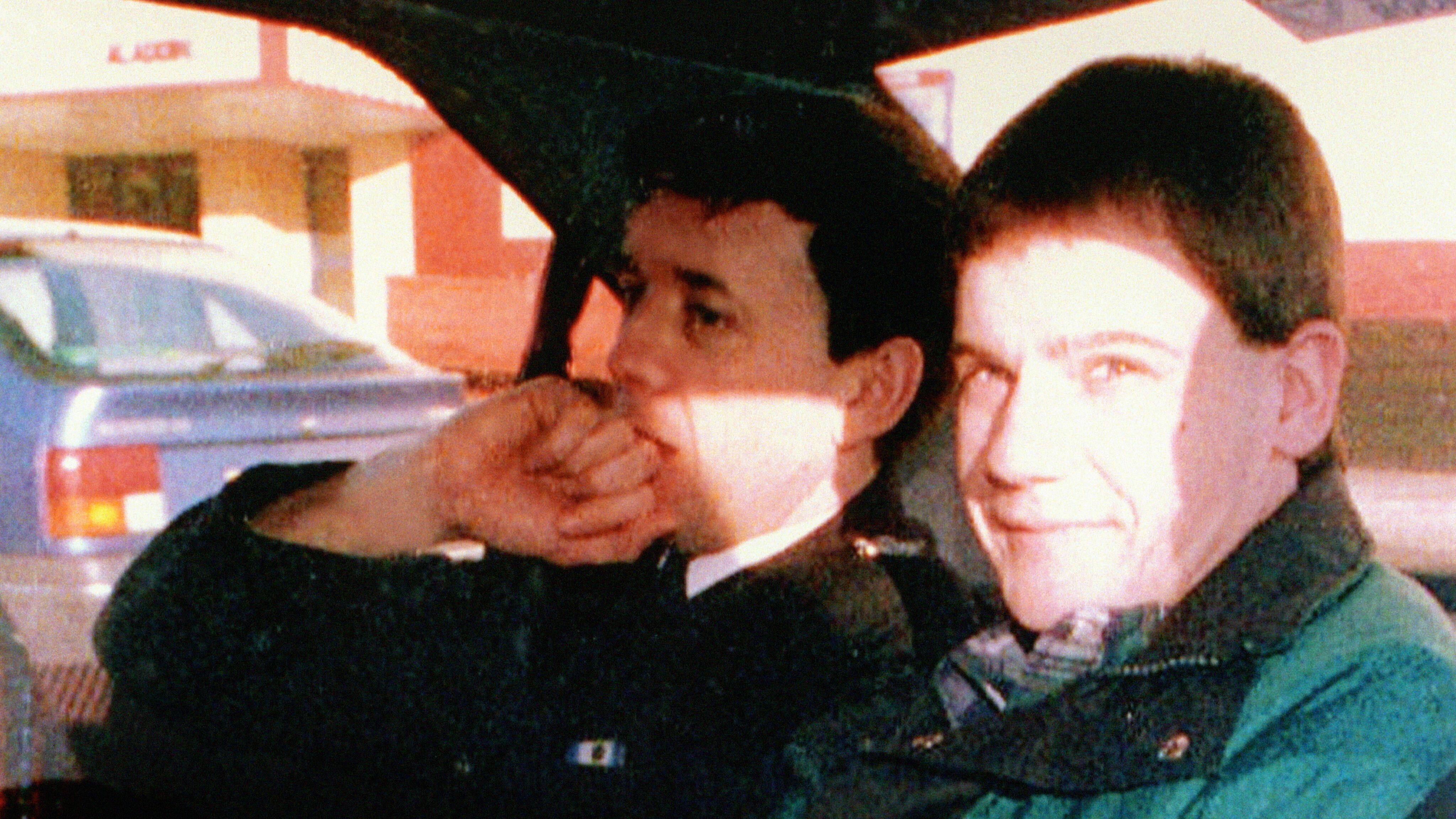 Paul Weddle (right) arriving at Teesside Crown Court, where he was jailed for life in 1994