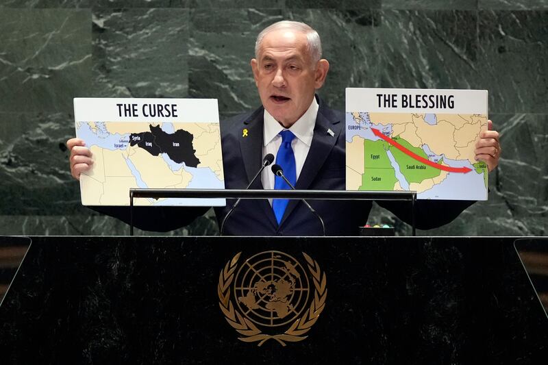 Israel Prime Minister Benjamin Netanyahu addresses the 79th session of the United Nations General Assembly on Friday (Richard Drew/AP)