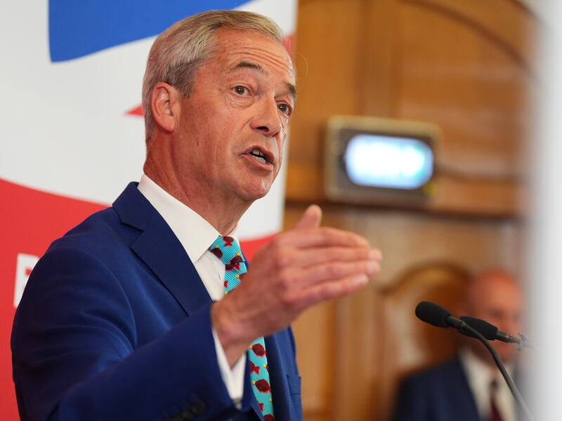 Leader of Reform UK Nigel Farage at an announcement of the party’s economic policy during a press conference at Church House in London, while on the General Election campaign trail