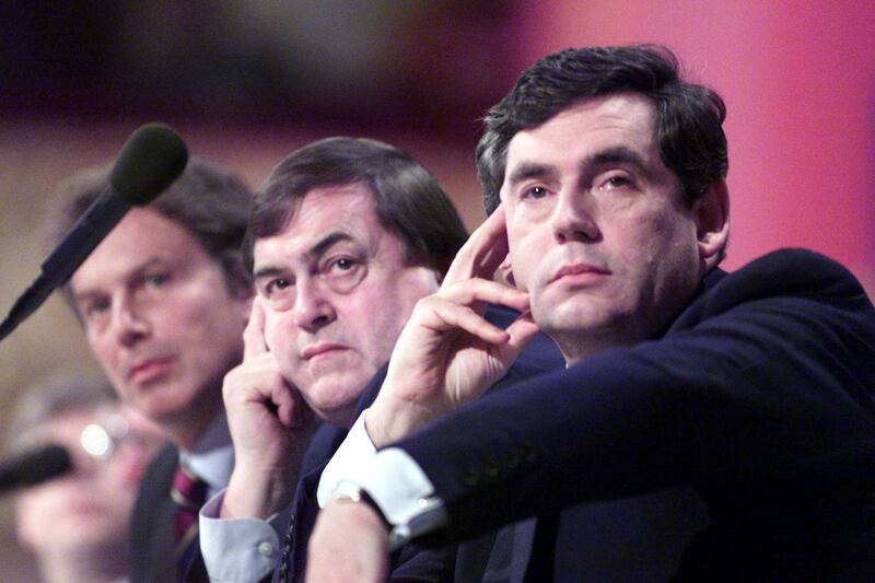 Then-prime minister Tony Blair, deputy Labour Party leader John Prescott and chancellor Gordon Brown at the Labour Party conference in 1998