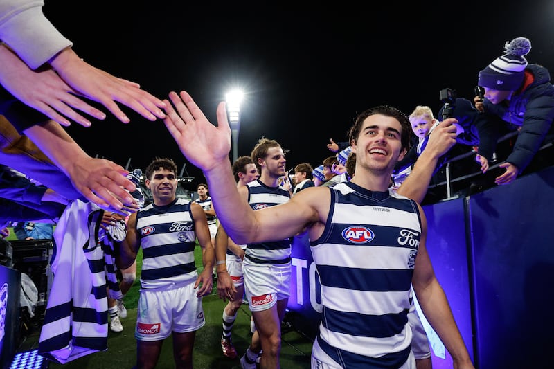 MELBOURNE, AUSTRALIA - JUNE 01: Oisin Mullin of the Cats leaves the field after a win during the 2024 AFL Round 12 match between the Geelong Cats and the Richmond Tigers at GMHBA Stadium on June 01, 2024 in Melbourne, Australia. (Photo by Dylan Burns/AFL Photos via Getty Images)