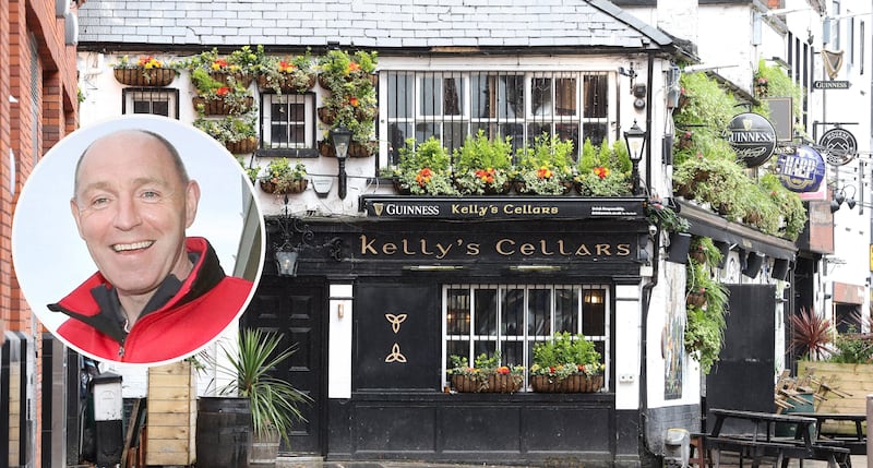 Exterior of Kelly's Cellars, with inset image of Henry Downey.