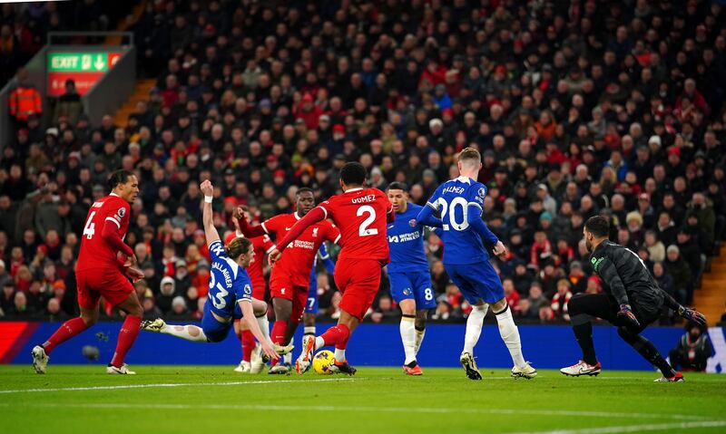 Chelsea’s Conor Gallagher, second left, goes down under a challenge from Liverpool’s Virgil van Dijk, left, in January’s Premier League clash