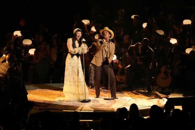 Lady Gaga, and Bruno Mars perform California Dreamin’ during the 67th annual Grammy Awards (Chris Pizzello/AP)