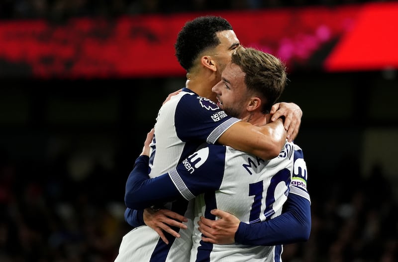 James Maddison, right, celebrates his second goal with Dominic Solanke