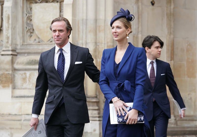 Lady Gabriella Windsor with her husband Thomas Kingston leaving the service of thanksgiving for the life of the Duke of Edinburgh, at Westminster Abbey in 2022