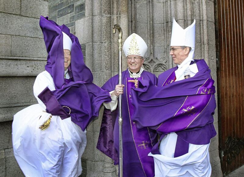 Archbishop Charles Brown with Archbishop Eamon Martin and Bishop Donal McKeown outside St Eugene&#39;s Cathedral in Derry. Picture by Margaret McLaughlin. 