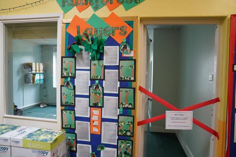 A taped off section inside a school in Leicester which was affected by sub-standard reinforced autoclaved aerated concrete (Raac)