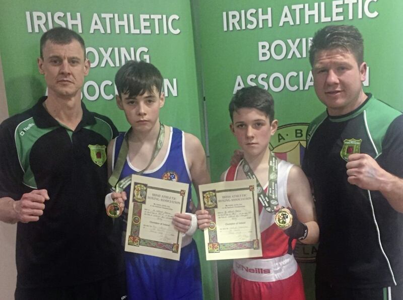 It was a family affair for All Saints Boxing Club, Ballymena at the National Stadium last Friday. Conhuir Johnston (pictured second from right) took the national Boy 1 46kg title in Dublin, defeating Carndonagh&rsquo;s Ben Clarke in the final, and he is pictured with uncle and All Saints coach TJ Hamill - a former Ulster and Irish champion who boxed at the 2006 Commonwealth Games in Melbourne. The family links didn&rsquo;t end there as 11-year-old Rhys Wright won the Boy 1 52kg title, 29 years after dad and club coach Sammy Wright won an Irish title at the same age. This is the first time in the club&rsquo;s 55-year history that a father and son have both won Irish titles 