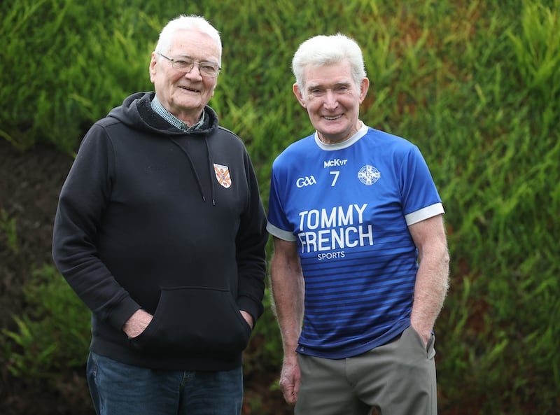 Clann Eireann’s Seamus Conville and Clan na Gael’s Aidan Patterson who played against each other when the teams last played against each other in a Senior Football Championship Final in 1968  with Aidan Patterson  scoring 1-4 and Clan na Gael winning.
PICTURE COLM LENAGHAN