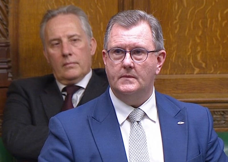 Sir Jeffrey Donaldson speaks in the House of Commons as Ian Paisley looks on