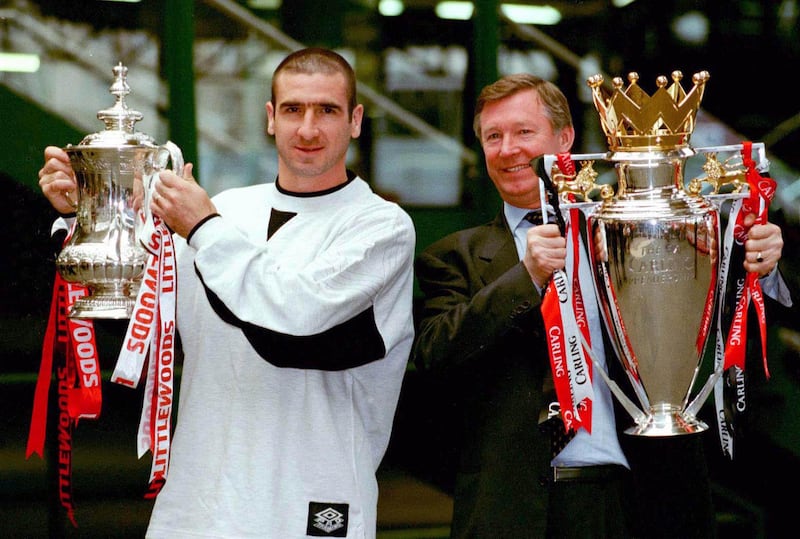 Cantona (left) returned from his ban in 1995-96 and helped Sir Alex Ferguson’s United win the Premier League and FA Cup double