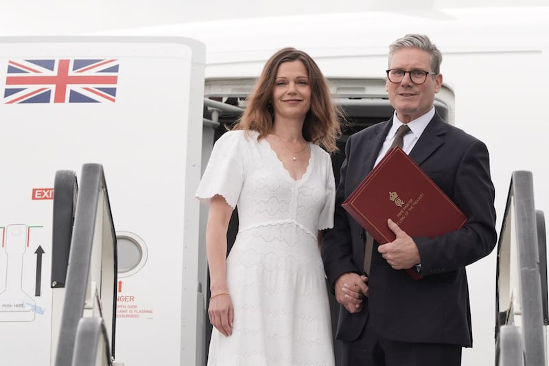 Prime Minister Sir Keir Starmer and his wife Victoria board a plane at Stansted Airport in Essex as they head to Washington DC to attend the Nato summit