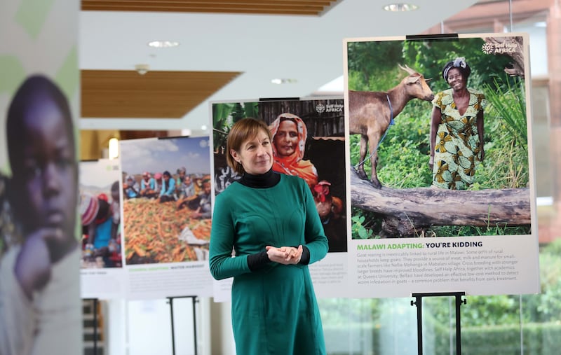 Dr Anne Nugent, Reader, Nutrition looks at  A photographic exhibition from global development charity Self Help Africa 'Africa Adapting' on display at the Institute for Global Food Security at the School of Biological Sciences, Chlorine Gardens, Queen's University Belfast on the 17th and 18th October 2024.
PICTURE COLM LENAGHAN