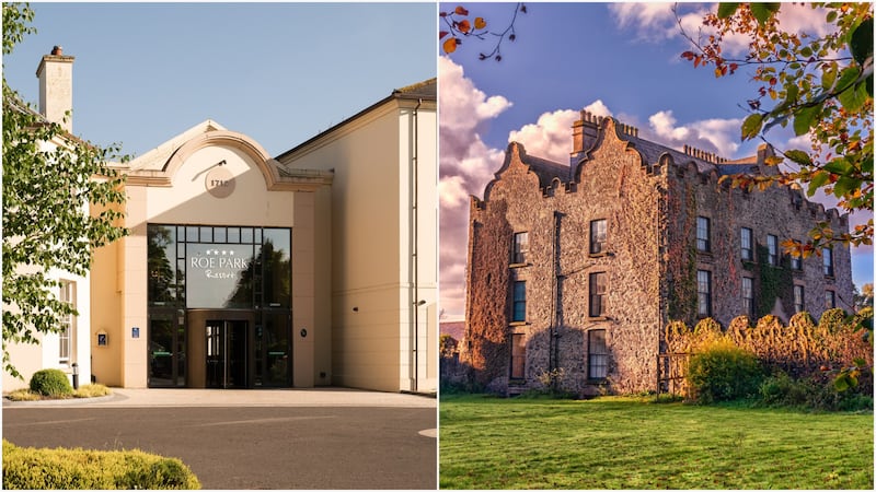 Split image showing Roe Park Resort's entrance on the left and Galgorm Castle on the right.