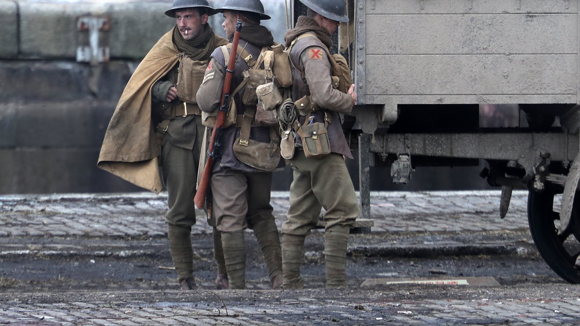 Actors in period costumes on set of Sam Mendes new film 1917