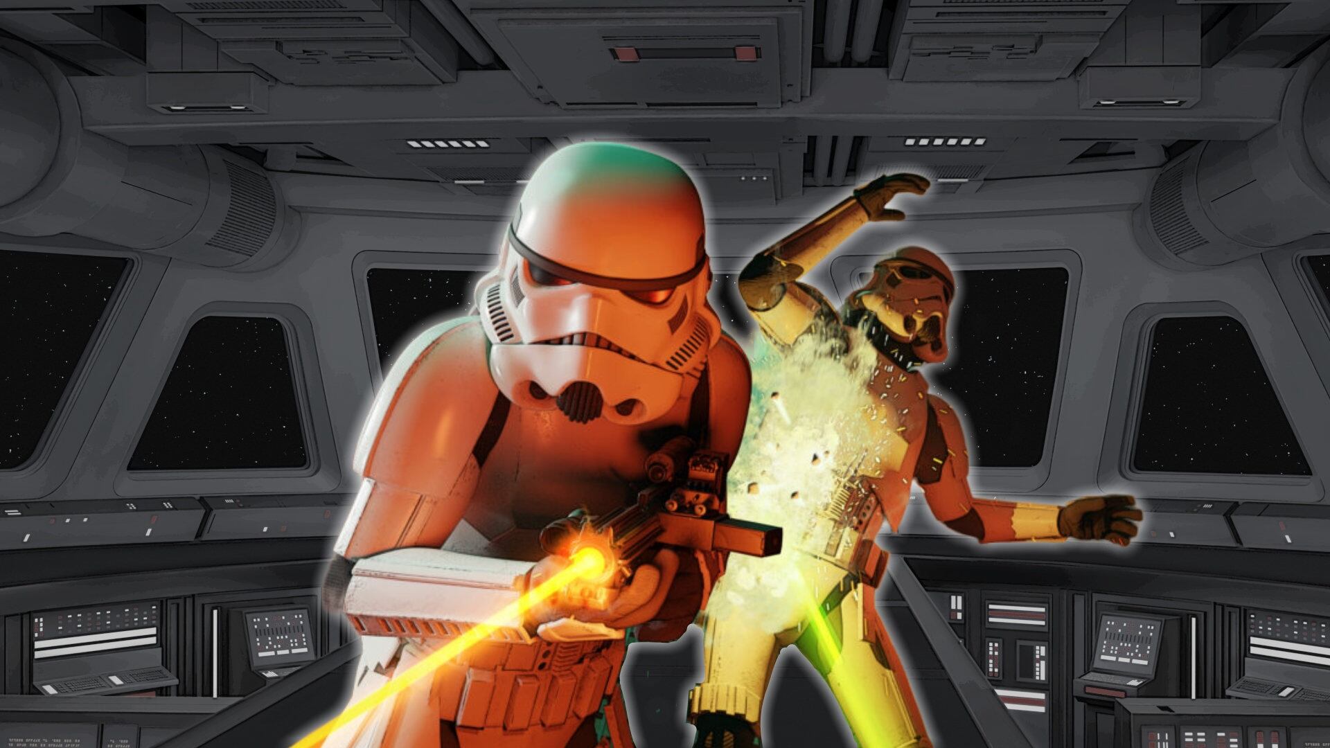 A scene from Star Wars: Dark Forces featuring two Imperial Stormtroopers