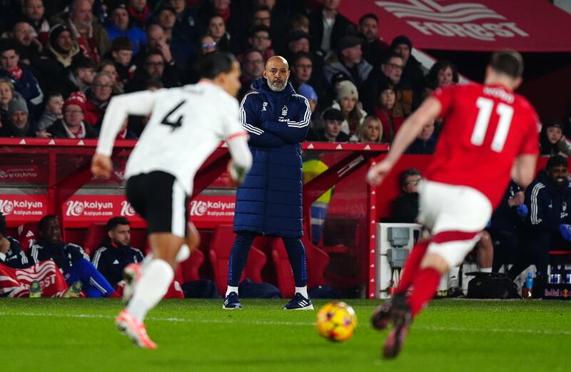 Nuno Espirito Santo, centre, watches Nottingham Forest’s draw with Liverpool