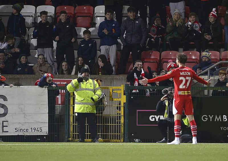 Cliftonville's Ben Wilson celebrates his goal in Saturday's derby day victory over Crusaders at Solitude                                    PICTURE: Arthur Allison/Pacemaker