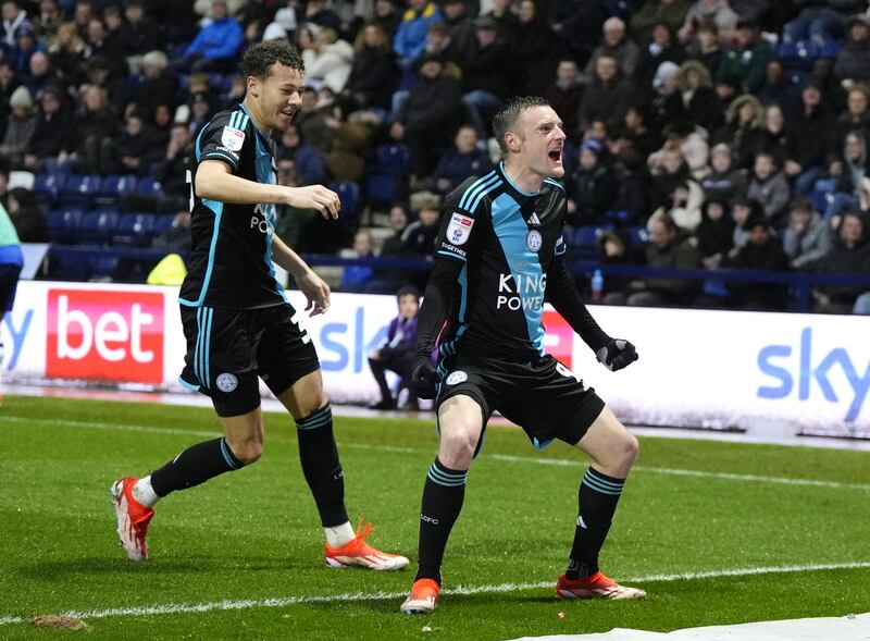 Leicester City’s Jamie Vardy celebrates scoring their side’s first goal of the game with Kasey McAteer (left) during the Sky Bet Championship match at Deepdale, Preston. Picture date: Monday April 29, 2024.