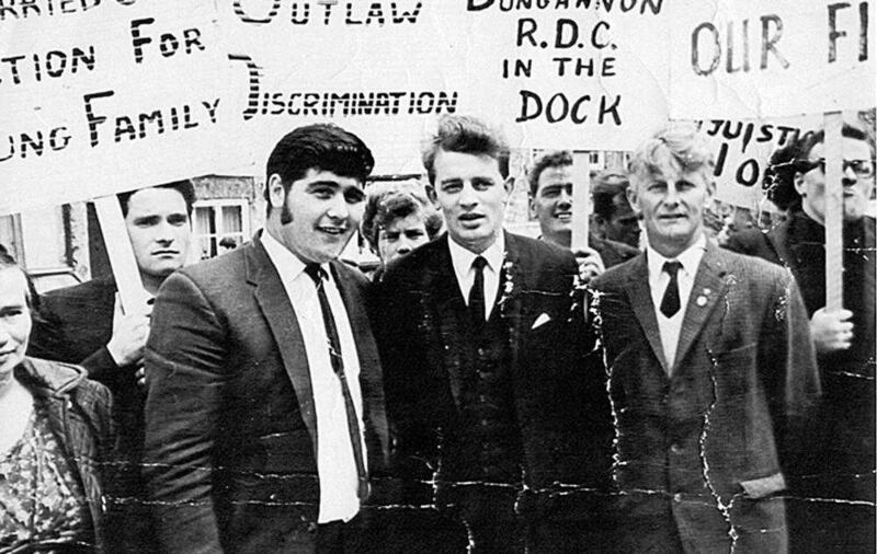 Patsy Gildernew, Austin Currie and Joe Campbell photographed at the Caledon sit-in with protesters in 1968 