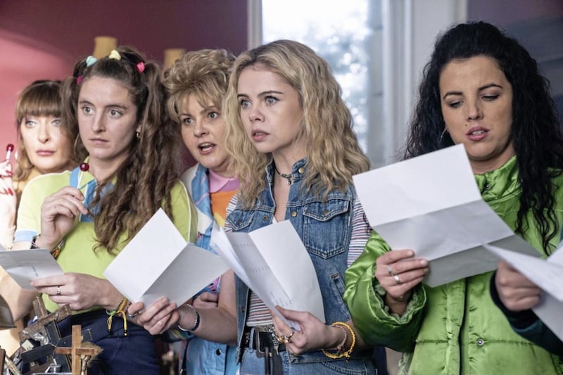 Derry Girls: Sarah McCool (Kathy Kiera Clarke), Orla McCool (Louisa Clare Harland), Mary Quinn (Tara Lynne O&#39;Neill), Erin Quinn (Saoirse Monica Jackson), Michelle Mallon (Jamie-Lee O&#39;Donnell) as the GCSE results are collected. Picture by Channel 4 Television 