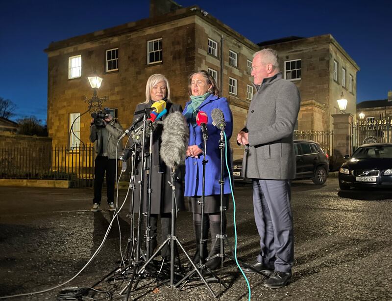 Sinn Fein leader Mary Lou McDonald (centre), along with vice president of Sinn Fein Michelle O’Neill and Conor Murphy