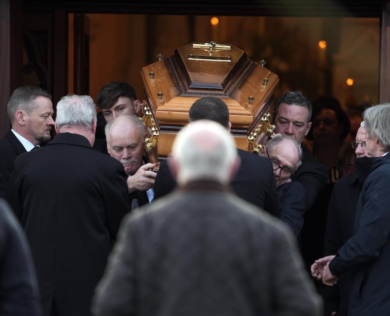 TUESDAY 6th FEBRUARY 2024, AGHYARAN: Mourners gathered at St Patrick’s Church, Aghyaran on Tuesday afternoon for the funeral of Joe Bradley, father of Liverpool FC star Conor Bradley.