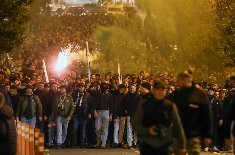 2,000 supporters  St Gallen fans march from Bradbury Place in south Belfast to Windsor Park ahead of Larne’s Uefa Conference League tie.