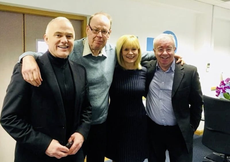 UTV broadcasters, Frank Mitchell and Ken Reid, who worked their last day yesterday pictured with Tracey Magee, UTV&#39;s new Political Editor and Chris Hagan, UTV News Editor 