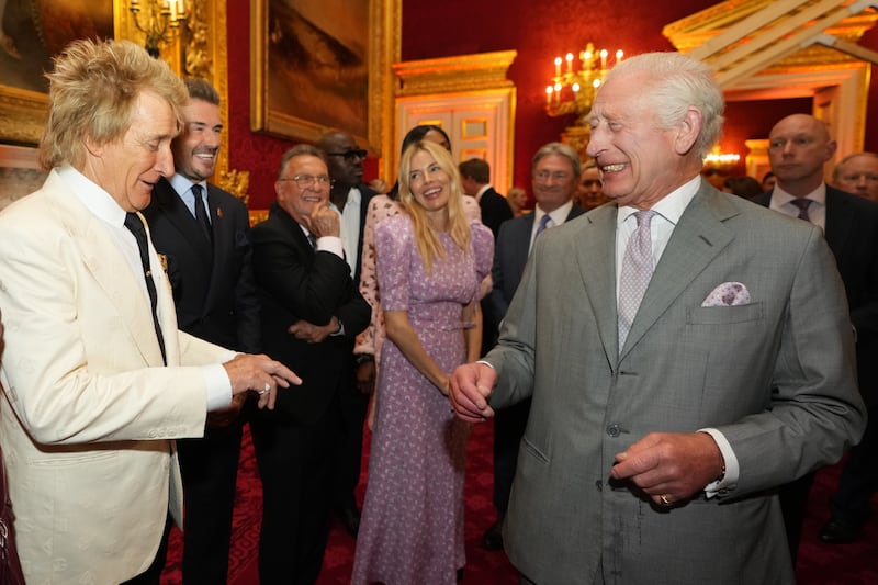 Sir Rod Stewart (left), David Beckham (second left), and Sienna Miller (centre) with the King at The King’s Foundation awards in June