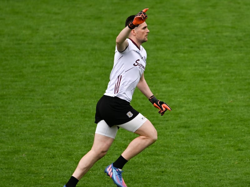 5 May 2024; Galway goalkeeper Connor Gleeson is congratulated by team-mate Paul Conroy after scoring the winning point near the end of the Connacht GAA Football Senior Championship final match between Galway and Mayo at Pearse Stadium in Galway. Photo by Daire Brennan/Sportsfile