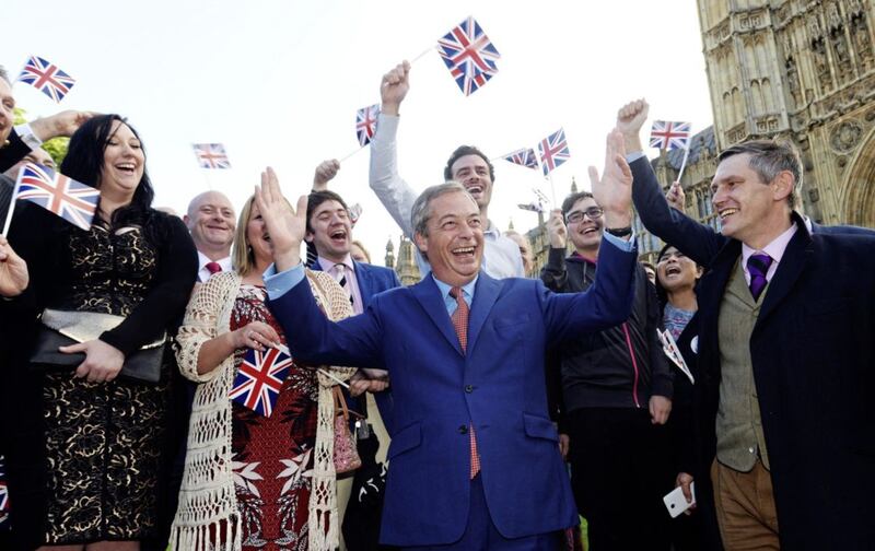 Ukip leader Nigel Farage greets his supporters on College Green in Westminster, London, after Britain voted to leave the European Union in an historic referendum which has thrown Westminster politics into disarray and sent the pound tumbling on the world markets. PRESS ASSOCIATION Photo. Picture date: Friday June 24, 2016. See PA story POLITICS EU. Photo credit should read: Anthony Devlin/PA Wire. 