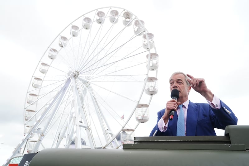 Reform UK leader Nigel Farage making a speech at Clacton Pier in Clacton