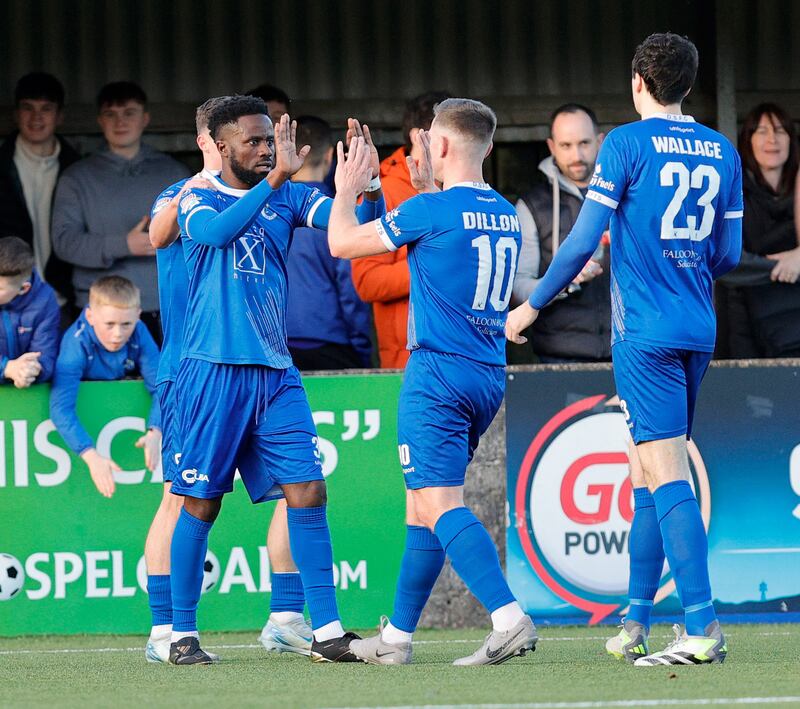 Pacemaker Press.

16-11-24.

Dungannon Fc v Glenavon Fc

Sports Direct Irish League Premiership,
Dungannon's Leo Alves celebrates his goal and  during this afternoon's game at Stangmore Park in Dungannon.  

Photo by Alan Weir/Pacemaker